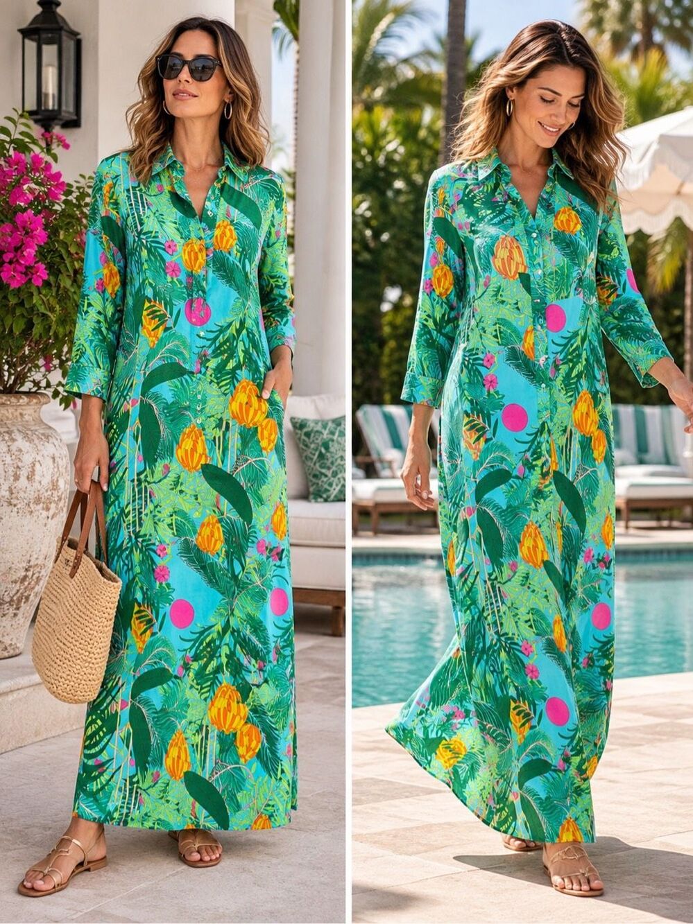 La Plage Shirtdress Maxi Dress- Banana Jungle - Capri Turquoise Size M